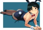  1girl alternate_costume animal_ears artist_name bangs black_footwear black_hair black_legwear black_leotard blue_background bow bowtie breasts brown_eyes bunny_ears bunny_tail bunnysuit detached_collar downblouse full_body high_heels kantai_collection leotard lying makio_(makiomeigenbot) mogami_(kantai_collection) on_stomach pantyhose red_neckwear short_hair small_breasts solo strapless strapless_leotard swept_bangs tail wrist_cuffs 