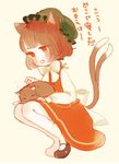  animal_ears blush bow brown_eyes brown_hair cat cat_ears cat_tail chen dress earrings full_body jewelry lowres mary_janes multiple_tails shoes simple_background solo squatting tail touhou translation_request yujup 