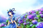  blue_dress blue_eyes blue_hair blue_sky cloud day dress field flower flower_field hair_ornament hair_rings hair_stick hydrangea kaku_seiga kutsuki_kai looking_at_viewer open_clothes open_vest puffy_short_sleeves puffy_sleeves shawl short_sleeves sky solo touhou vest 