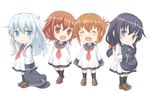  :&lt; :d akatsuki_(kantai_collection) anchor_symbol black_hair brown_hair commentary_request dress fang flat_cap folded_ponytail hat hat_removed headwear_removed hibiki_(kantai_collection) holding holding_hat ikazuchi_(kantai_collection) inazuma_(kantai_collection) kantai_collection kotanu_(kotanukiya) long_hair multiple_girls neckerchief open_mouth ponytail sailor_collar sailor_dress short_hair silver_hair simple_background sleeves_past_wrists smile white_background younger 