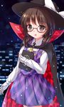  bow brown_eyes brown_hair cape city_lights clothes_writing glasses gloves hat hat_bow highres long_sleeves looking_at_viewer lzh night open_mouth red-framed_eyewear shirt skirt skirt_set sky solo star_(sky) starry_sky tablet_pc touhou usami_sumireko vest white_gloves 