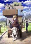  1girl bag book boots bow broom brown_eyes brown_hair cart cat cityscape dress hair_bow hair_ornament hairclip highres horse horseback_riding mochizuki_saku mouse original pullcart riding scenery sitting suitcase travel twintails 