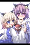  animal_ears blonde_hair blue_eyes cat_ears fang futase_hijiri kemonomimi_mode komeiji_satori moriya_suwako multiple_girls purple_eyes purple_hair short_hair touhou 