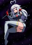  ahoge boots breasts gloves grey_hair heart heart_ahoge large_breasts original panties pantyshot satsuki_imonet skin_tight solo space thigh_boots thighhighs underwear 