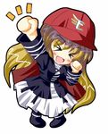  &gt;_&lt; baseball_cap chibi clenched_hands closed_eyes happy hat hiiragi_tomoka hijiri_byakuren nippon_professional_baseball raised_fist simple_background smile solo touhoku_rakuten_golden_eagles touhou 