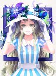  bad_id bad_pixiv_id brown_hair copyright_request dress flower gloves green_eyes hat long_hair shako smile solo striped very_long_hair white_gloves 
