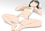  armpits barefoot bikini black_hair bun_cover butterfly_sitting copyright_request double_bun feet flat_chest gradient gradient_background knees_apart_feet_together kusaka_souji lying midriff navel on_back on_floor simple_background solo swimsuit yellow_eyes 