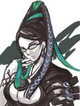  bayonetta bayonetta_(character) black_hair earrings glasses hair_bun jewelry karuborara long_hair mole ribbon 