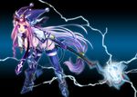  boots electricity fujimon hat horns leaning_forward legs original pointy_ears purple_eyes solo staff thighhighs tongue 