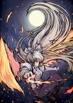  fiery_wings fire fujiwara_no_mokou glowing glowing_eyes hair_ribbon long_hair moon ribbon satori_(transient_wind) solo touhou very_long_hair wings 