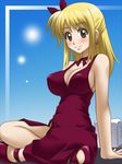  anklet arm_support awa blonde_hair blush breasts brown_eyes cleavage covered_nipples dress fairy_tail half_updo jewelry large_breasts long_hair looking_at_viewer lucy_heartfilia side_slit sideboob sitting smile solo 