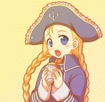  blonde_hair blue_eyes braid child food hat long_hair patty_fleur sensaki_chihiro solo tales_of_(series) tales_of_vesperia twin_braids yellow_background 