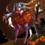  chain dress ghost halloween hatsune_miku jack-o'-lantern jewelry legs long_hair necklace open_mouth pumpkin rainbow_text solo striped striped_legwear tamayura_(artist) thighhighs twintails vocaloid 