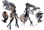  armor black_skin blue_eyes blue_skin chikako_(artist) concept_art dark_skin final_fantasy final_fantasy_xiii headdress high_heels lips mecha_musume multiple_girls nix official_art profile shiva_(final_fantasy) shoes siblings sisters stiria wheel 