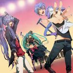  2boys aqua_eyes aqua_hair bad_id bad_pixiv_id blue_eyes blue_hair elbow_gloves flower gloves hair_flower hair_ornament hat hatsune_miku kaito kamui_gakupo legs long_hair microphone microphone_stand midriff multiple_boys navel ponytail purple_hair striped striped_legwear thighhighs top_hat tsukudato twintails vocaloid 