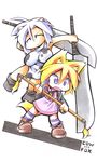  animal_ears animal_print blonde_hair chibi cow_ears cow_girl cow_print cow_tail dual_wielding fox_ears fox_tail holding horns multiple_girls original socks staff striped sword tail ushi weapon white_hair 