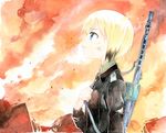  agahari animal_ears blonde_hair blood blue_eyes cuts dirt erica_hartmann fire gun injury looking_up multicolored_hair short_hair smoke solo strike_witches torn_clothes traditional_media uniform weapon world_witches_series 