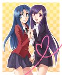  bad_id bad_pixiv_id blue_eyes blue_hair celestial_s checkered checkered_background crossover holding_hands kannagi kawashima_ami long_hair multiple_girls purple_eyes purple_hair school_uniform toradora! yellow_background zange 