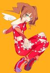  brown_hair brws cosmic_&amp;_funny_(idolmaster) green_eyes hair_ribbon idolmaster idolmaster_(classic) ribbon simple_background solo takatsuki_yayoi twintails wings 