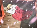  bird birds blonde_hair flower_petals japanese_clothes miko petals sakura sleeping 