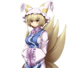  animal_ears bad_id bad_pixiv_id blonde_hair breasts fox_tail hands_in_opposite_sleeves hat large_breasts multiple_tails ougi_makoto smile solo tail touhou yakumo_ran yellow_eyes 