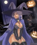  breasts cleavage curvy halloween hat houtengeki jack-o'-lantern large_breasts looking_away navel original pumpkin purple_hair red_eyes sitting sketch solo thighhighs v_arms witch_hat 