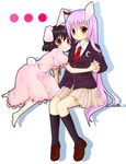  animal_ears bad_id bad_pixiv_id barefoot black_hair blazer bunny_ears bunny_tail holding_hands inaba_tewi jacket lavender_hair long_hair looking_at_viewer multiple_girls necktie red_eyes red_neckwear reisen_udongein_inaba short_hair sitting smile tail touhou tsuguha 