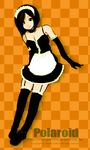  2008 apron bad_id bad_pixiv_id black_eyes black_gloves black_hair black_legwear breasts checkered checkered_background cleavage copyright_request dress elbow_gloves garters gloves junta_(polaroid) lace maid maid_headdress medium_breasts orange_background short_hair solo thighhighs watermark web_address 