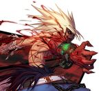  bandages berserker_(dungeon_and_fighter) blood chain claws cuffs dungeon_and_fighter fur lowres male_focus muscle red_eyes scar shirtless solo spiked_hair white_hair 
