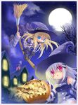  blonde_hair blue_eyes blush broom copyright_request emperpep halloween hat jack-o'-lantern moon multiple_girls open_mouth pink_eyes pink_hair pumpkin silver_hair witch witch_hat 