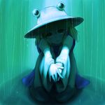  blonde_hair eyes hands hat ishikkoro leg_hug light looking_at_viewer moriya_suwako rain sitting solo spotlight touhou 