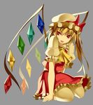  :p blonde_hair colored_eyelashes flandre_scarlet grey_background hat kneeling kureha_(ironika) rainbow_order red_eyes red_skirt skirt solo thighhighs tongue tongue_out touhou wings 