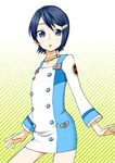  asymmetrical_hair bad_id bad_pixiv_id blue_eyes blue_hair bob_cut collar cosplay eureka eureka_(cosplay) eureka_seven eureka_seven_(series) flat_chest hair_ornament hairclip hanatsuka idolmaster idolmaster_dearly_stars mizutani_eri short_hair simple_background solo striped striped_background 