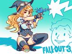  1girl blonde_hair breasts cleavage energy_gun fallout fallout_3 firing goggles gun hat holding holding_gun holding_weapon kirisame_marisa knee_pads large_breasts long_hair panties ray_gun squatting thighhighs touhou tsuutenkaaku underwear vault_boy weapon witch_hat 