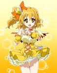  blonde_hair choker circle cure_pine dress dress_lift fresh_precure! hair_ornament heart heart_hair_ornament heart_hands homing_(areya) magical_girl orange_choker orange_eyes panties pantyshot precure side_ponytail skirt solo underwear white_panties yamabuki_inori yellow yellow_background yellow_skirt 