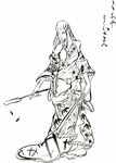  bad_id bad_pixiv_id bijinga brush_(medium) detached_sleeves fine_art_parody gohei greyscale hornchameleon japanese_clothes kimono kochiya_sanae long_hair monochrome parody solo touhou traditional_media 