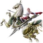  armor artist_request barding belt boots cape dual_wielding elbow_gloves final_fantasy final_fantasy_xiii fingerless_gloves gloves holding horse lightning_farron miniskirt odin_(final_fantasy) official_art pink_hair pose simple_background skirt solo sword thigh_strap weapon white_background 