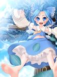  barefoot blue_eyes blue_hair chibimame cirno cosplay detached_sleeves feet hair_ribbon hakurei_reimu hakurei_reimu_(cosplay) highres ribbon solo touhou 