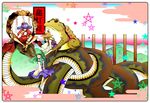  bad_id bad_pixiv_id blonde_hair detached_sleeves eyes frog green_hair hair_ornament hat highres hoshi_nawoki kochiya_sanae long_hair moriya_suwako multiple_girls onbashira purple_hair red_eyes ribbon riding rope shide shimenawa short_hair snake touhou yasaka_kanako yellow_eyes 