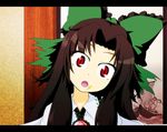  :o ayuosu bow brown_hair food food_on_face green_bow hair_bow head_tilt red_eyes reiuji_utsuho ribbon solo touhou wide-eyed 