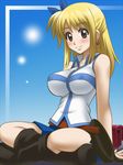  arm_support awa blonde_hair blush boots breasts brown_eyes covered_nipples earrings fairy_tail half_updo impossible_clothes impossible_shirt indian_style jewelry large_breasts long_hair looking_at_viewer lucy_heartfilia shirt sitting smile solo 