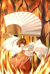  brown_eyes brown_hair fire flames japanese_clothes miko 