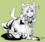  all_fours animal_ears chain collar dog_ears dog_tail fangs green_background izayoi_sakuya kemonomimi_mode monochrome nakatani_nio open_mouth pet_play simple_background solo spot_color tail tail_wagging touhou 