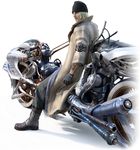  artist_request blonde_hair boots facial_hair final_fantasy final_fantasy_xiii gloves ground_vehicle looking_back male_focus motor_vehicle motorcycle nix official_art shiva_(final_fantasy) sitting snow_villiers solo stiria stubble tattoo trench_coat 