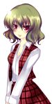  :p bad_id bad_pixiv_id breasts cleavage green_hair highres kazami_yuuka long_hair medium_breasts plaid plaid_skirt plaid_vest red_eyes short_hair simple_background skirt skirt_set solo tongue tongue_out touhou uranaishi_(miraura) v_arms vest white_background 