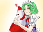  1girl blush eitaisa eyes_closed green_hair heart hug maid maid_headdress mimi-chan missile rocket ruukoto smile touhou touhou_(pc-98) 
