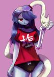  1girl bare_shoulders blue_skin breasts choker goneking hair_over_one_eye highres leviathan_(skullgirls) long_hair red_eyes shirt skullgirls squigly_(skullgirls) stitched_mouth stitches underwear zombie 