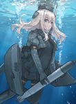  black_legwear blonde_hair blue_eyes bubble cropped_jacket dress garrison_cap hair_ornament hat kantai_collection long_hair long_sleeves military military_uniform pantyhose puffy_sleeves solo torpedo u-511_(kantai_collection) underwater uniform water xiao_qiang_(overseas) 