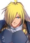  ahoge armor bad_id bad_pixiv_id blonde_hair blue_eyes gourry_gabriev hair_over_one_eye ishitsu_kenzou long_hair male_focus pauldrons signature slayers smile solo white_background 