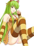  1girl :d animal_ears arm_support bare_shoulders breasts c.c. cleavage code_geass code_geass:_nunnally_in_wonderland detached_sleeves fake_animal_ears female green_hair kusakabelover legs long_hair looking_at_viewer neck_ribbon nightgown open_mouth panties pantyshot pantyshot_(sitting) raccoon_ears ribbon see-through simple_background sitting smile solo striped striped_detached_sleeves striped_legwear striped_thighhighs thighhighs underwear white_background yellow_eyes 